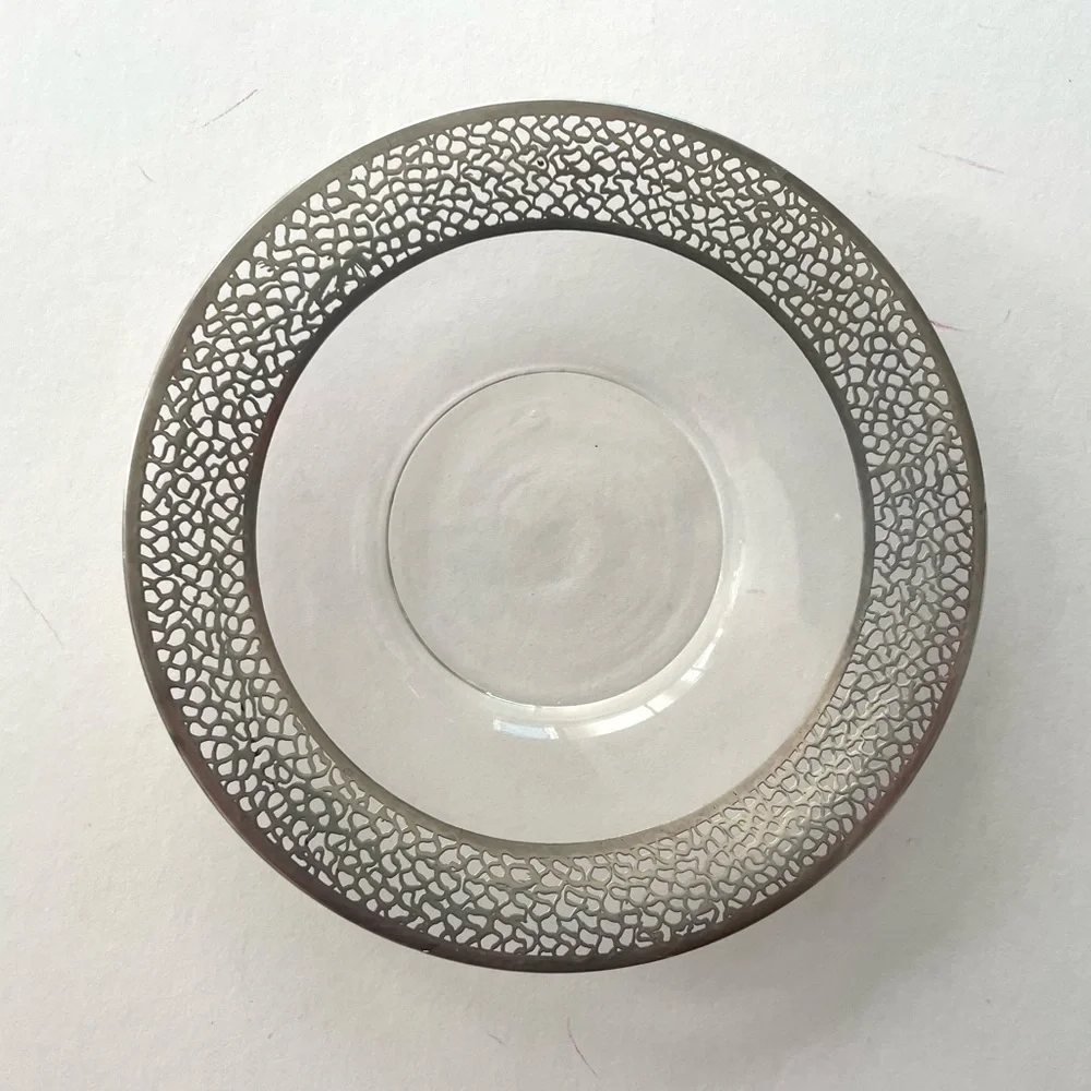 Five Vintage Clear Glass Sterling Silver Lace Overlay Bread Plates